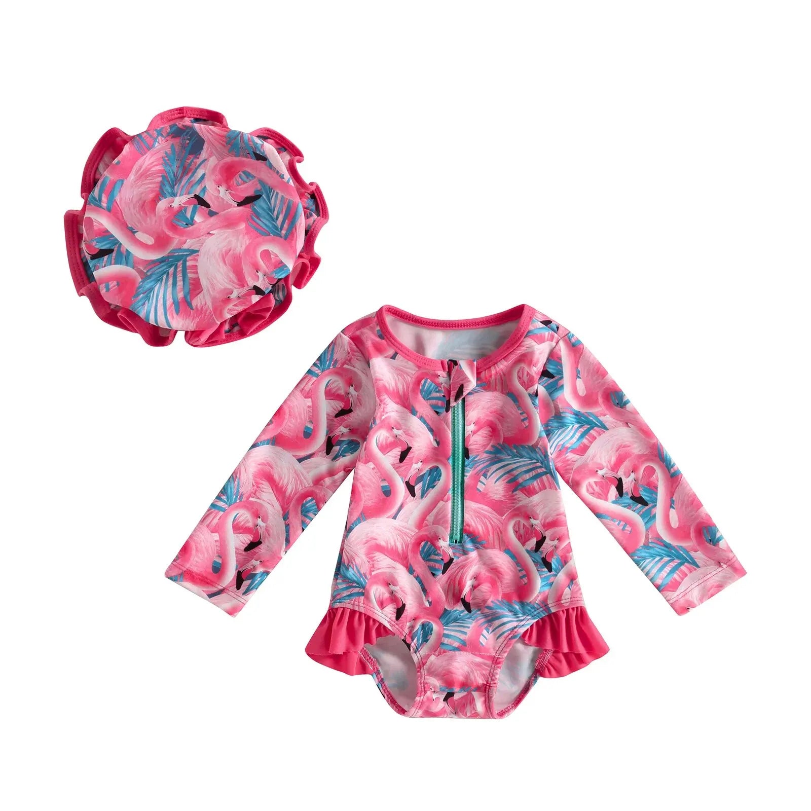 Baby Girl one-piece swimsuit with floral flamingo print by Baby Bubble, featuring bright colors and comfortable swimwear fabric.