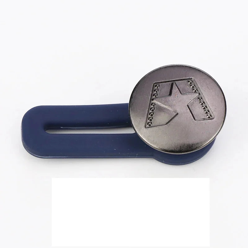 Baby Bubble maternity jeans button extenders providing instant waist relief, shown with the extender fastened to jeans.