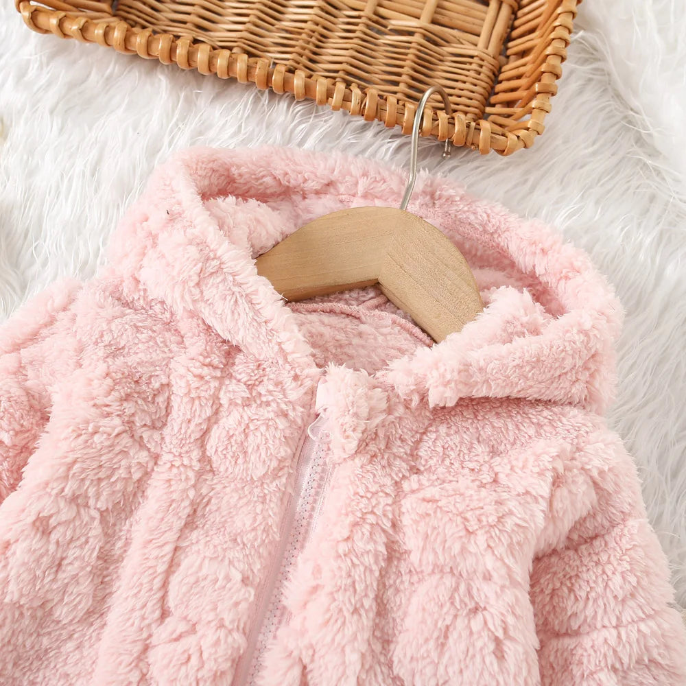 Baby girl pink fleece jacket with heart love pattern by Baby Bubble, soft and cozy for chilly days.