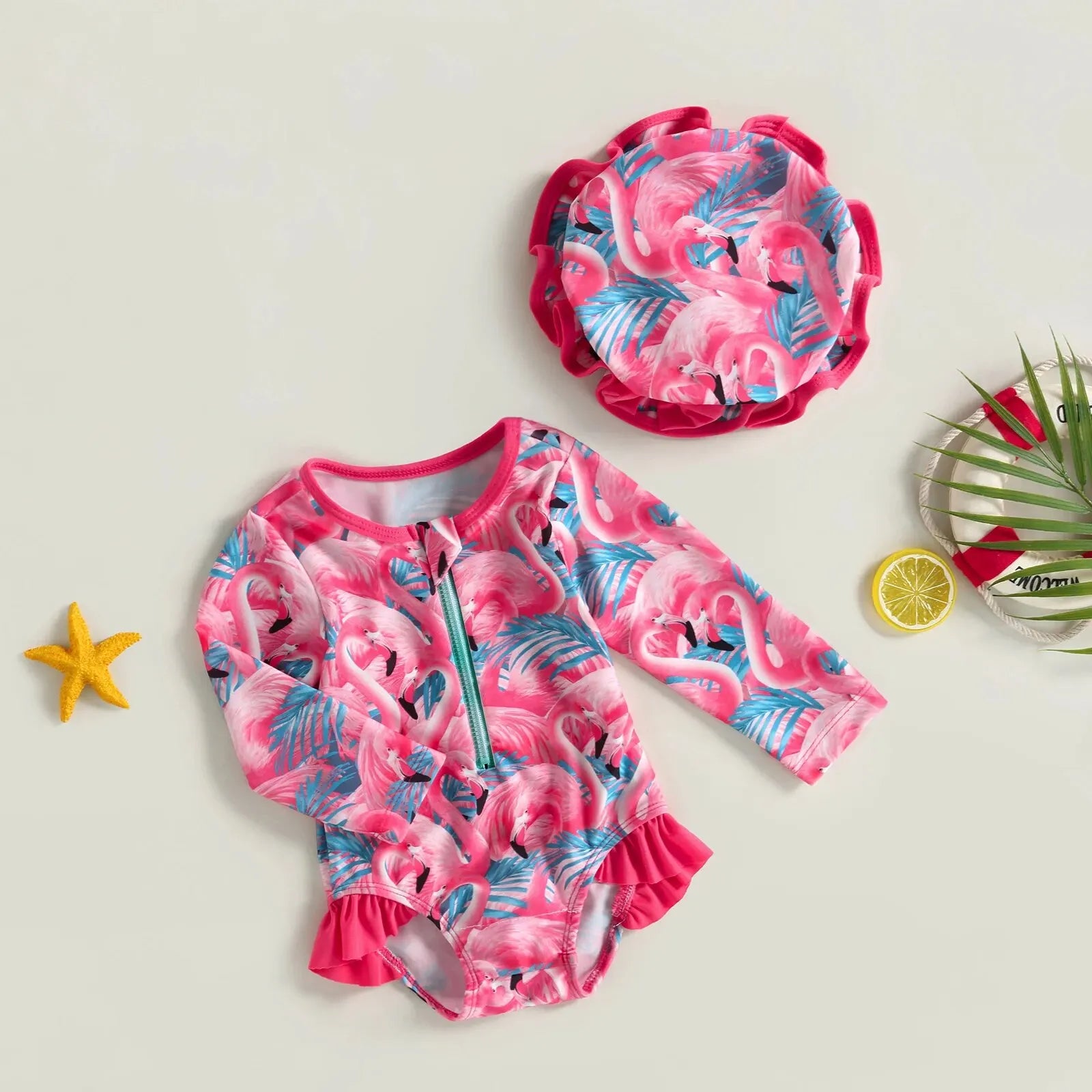 Baby Girl one-piece swimsuit with floral flamingo print by Baby Bubble, featuring bright colors and a comfortable fit.