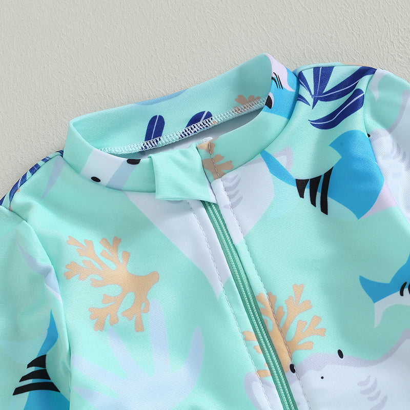 Girls long sleeve swimsuit with sea animal print by Baby Bubble, featuring colorful aquatic creatures and a comfortable fit.
