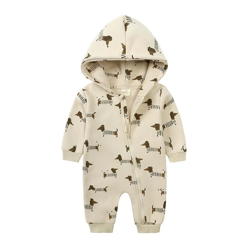 Baby Bubble baby cartoon romper with hood and zipper, featuring a cute cartoon print, ideal for infants.
