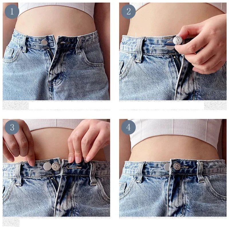 Baby Bubble maternity jeans button extenders for instant waist relief, showing the fabric and button extension in close-up.