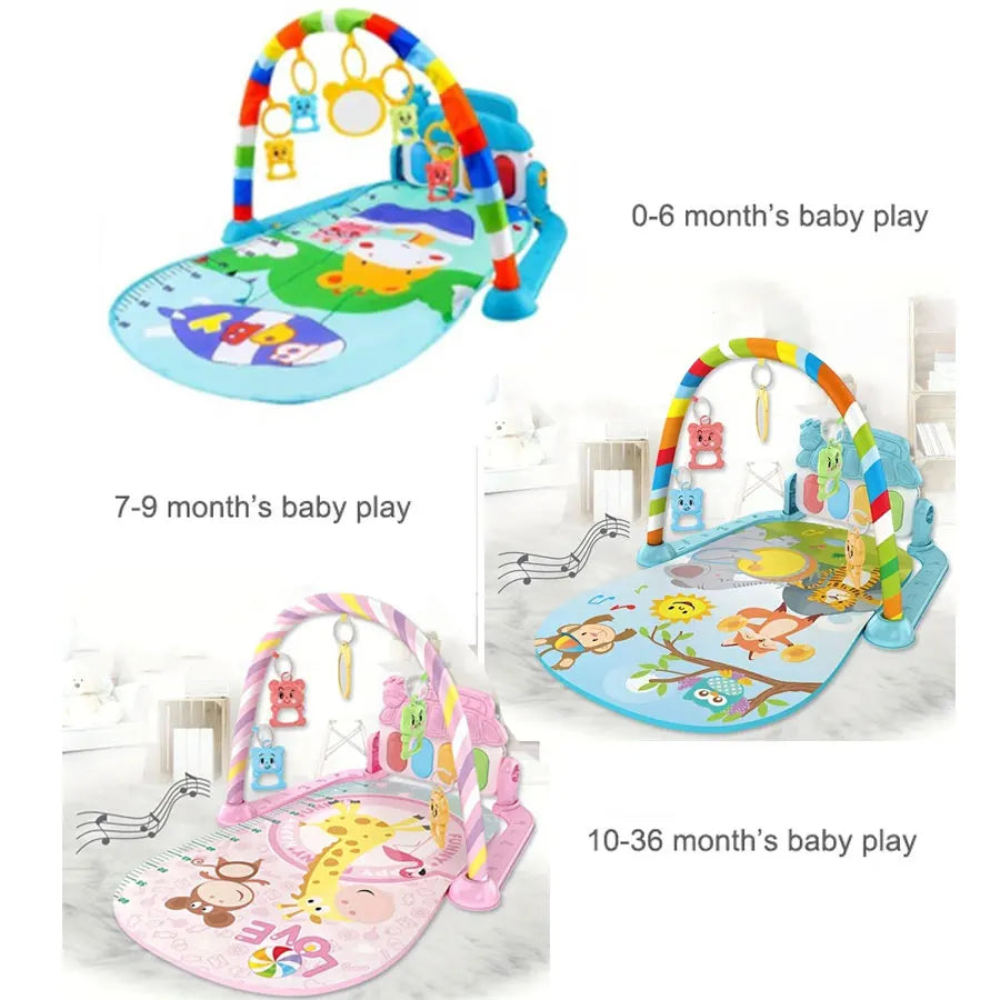 Baby Bubble Baby Piano Gym Play Mat with colorful musical toys for crawling and kicking activity, soft and engaging for infants.