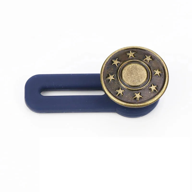 Baby Bubble maternity jeans button extenders for instant waist relief, showing the extender attached to denim waistband.