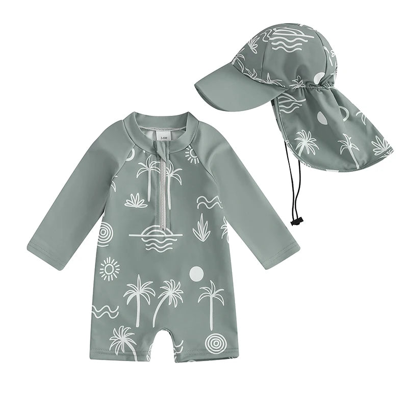 Baby boys rash guard set with turtle and dinosaur print by Baby Bubble, featuring colorful sun protection swimwear for infants.