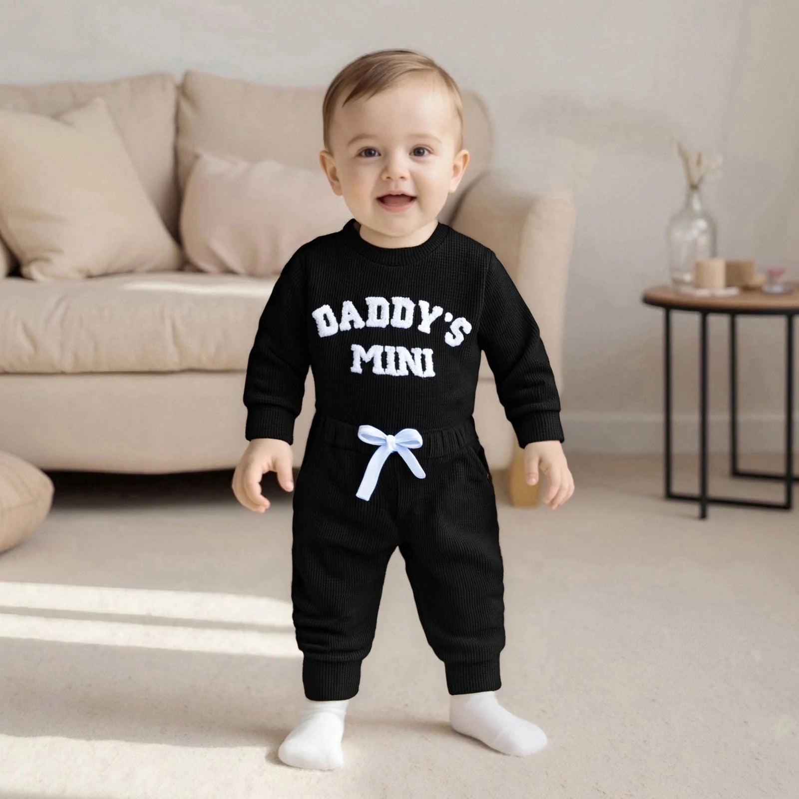 Baby Bubble Daddy's Mini Waffle Bodysuit and Jogger Pants set, embroidered fall fashion 2-piece for babies.