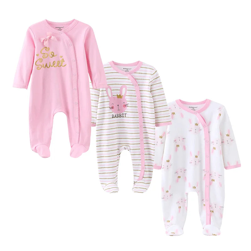 Three cozy baby cotton rompers for newborns in a Baby Bubble 3-pack, featuring soft, comfortable designs for infants.