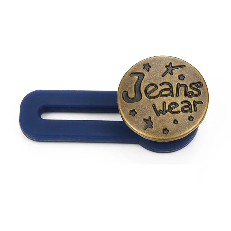 Maternity jeans button extender from Baby Bubble providing instant waist relief, with a close-up of the extender on denim jeans.