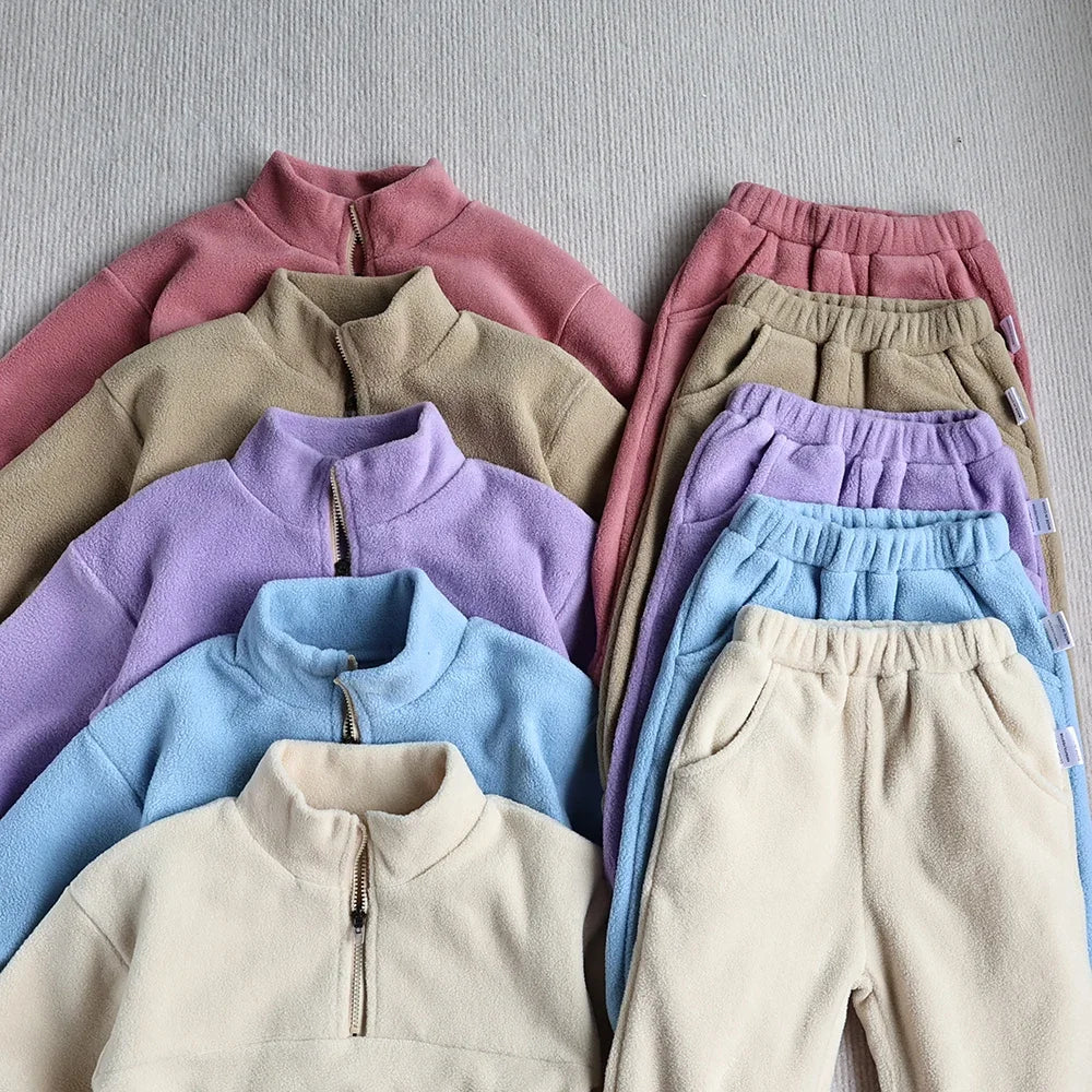 Toddler Baby Bubble cozy fleece hoodie and pants set, soft and comfortable toddler sports suit in pastel colors.