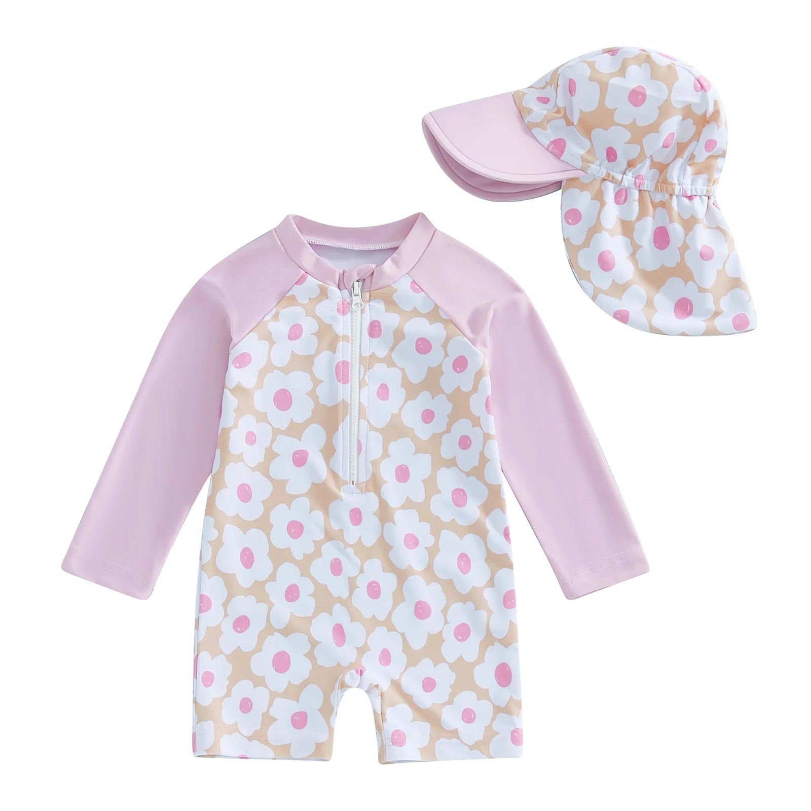 Baby Girl Rash Guard Set by Baby Bubble featuring floral and flamingo print, ideal for sun protection and casual wear.