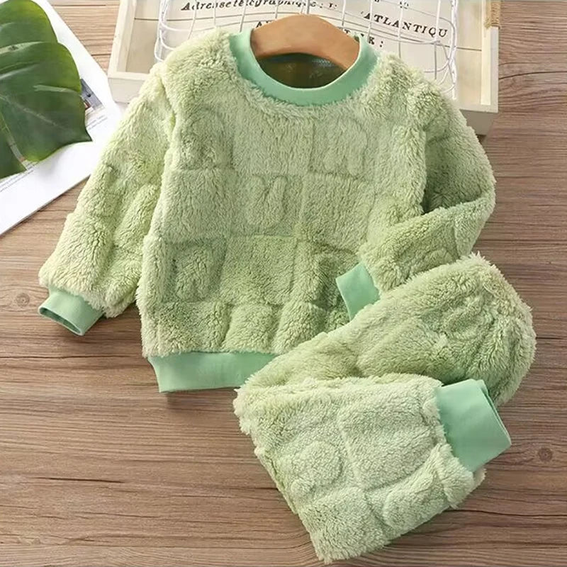 Baby Bubble children's autumn and winter flange pajamas suit with velvet lining, warm girl and boy cozy underwear set for cold weather.