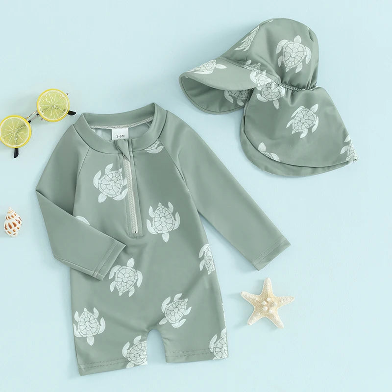 Baby boys rash guard set by Baby Bubble featuring colorful turtle and dinosaur print, ideal for sun protection and play.