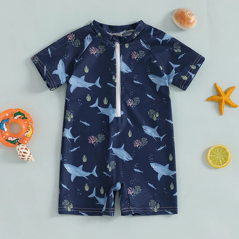 Baby Bubble shark print long sleeve rash guard with zipper, designed for babies, showing the playful shark pattern and bright colors.
