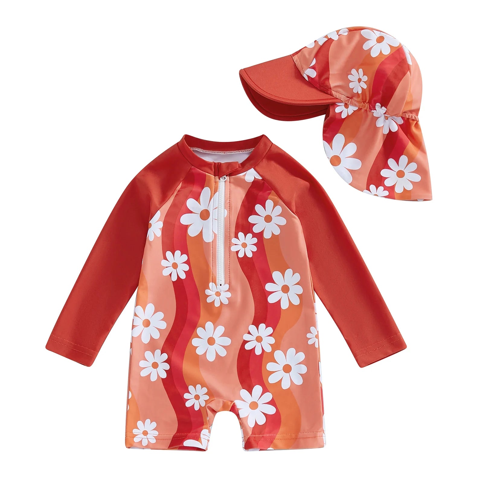 Baby girls' rash guard set with floral and flamingo print by Baby Bubble, featuring colorful protective swimwear for infants.