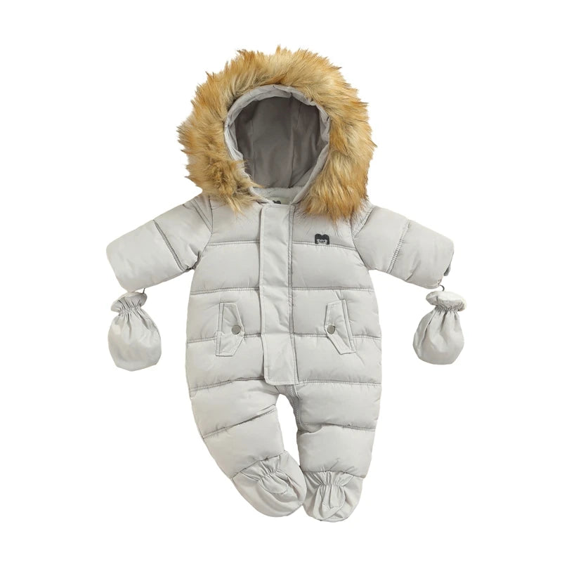 Baby Bubble hooded puffer snowsuit for babies, warm winter jumpsuit with cozy insulation and a hood, ideal for cold weather.