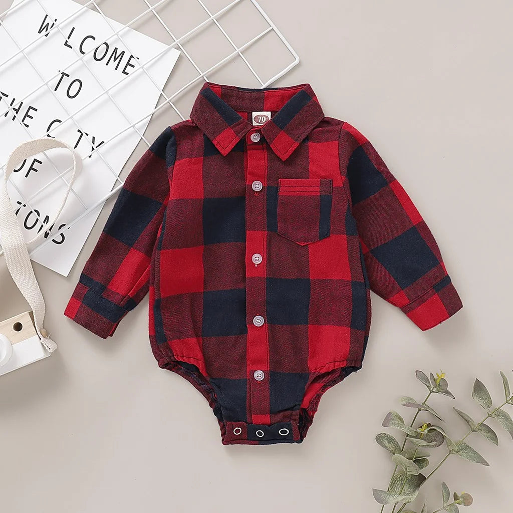 Baby Bubble newborn boy bodysuit with plaid long sleeves, lapel shirt, and romper for 0-18 months toddler boy.