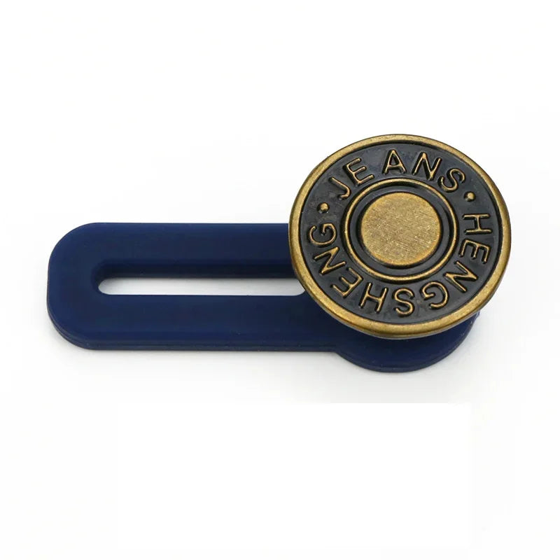 Baby Bubble maternity jeans button extenders providing instant waist relief, shown clipped onto denim jeans for comfortable fit.