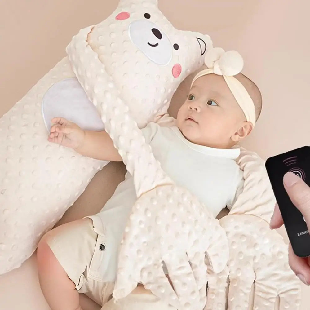 Baby Bubble soothing bear sleep pillow with remote, soft fabric, designed to comfort babies and aid sleep.