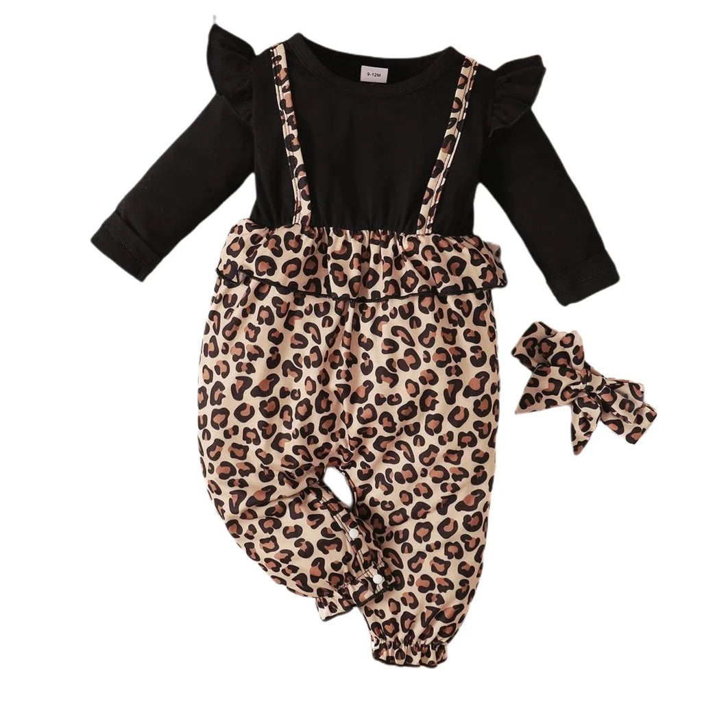 Baby Bubble Leopard Bodysuit Set for girls, featuring a cute leopard print and comfortable design, perfect for everyday wear.