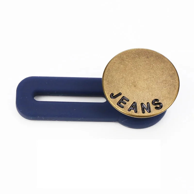 Baby Bubble maternity jeans button extenders showing adjustable metal buttons for instant waist relief in denim jeans.