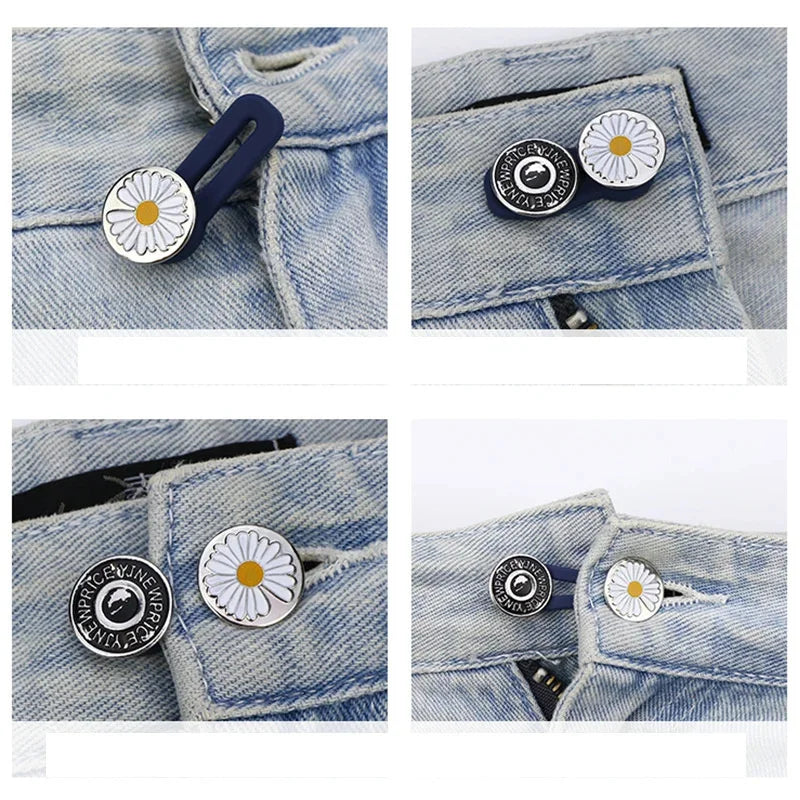 Baby Bubble maternity jeans button extenders providing instant waist relief, shown attached to denim jeans in the image.
