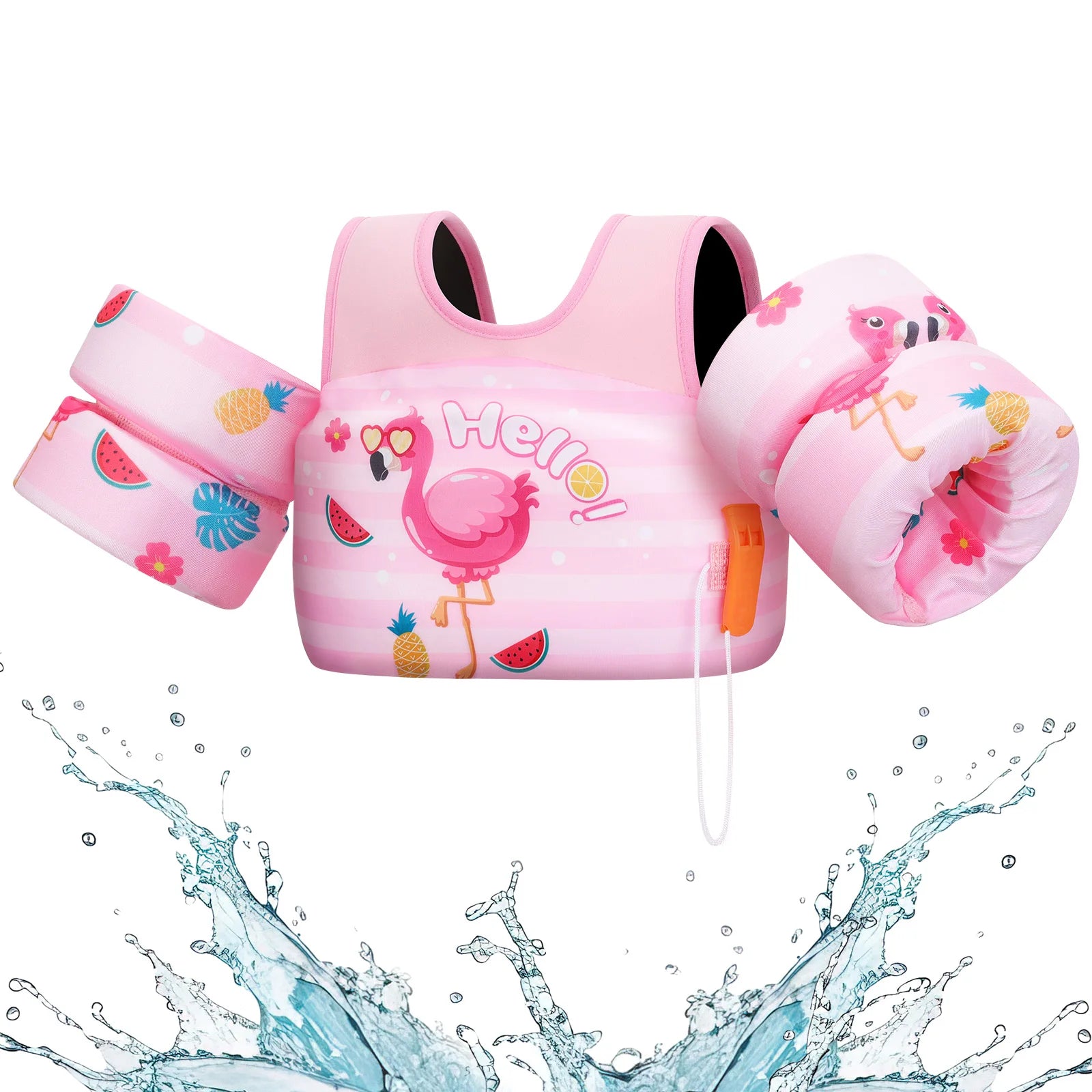 Baby Bubble kids life vest with foam arm floats and safety whistle, designed for children's safety during water activities.