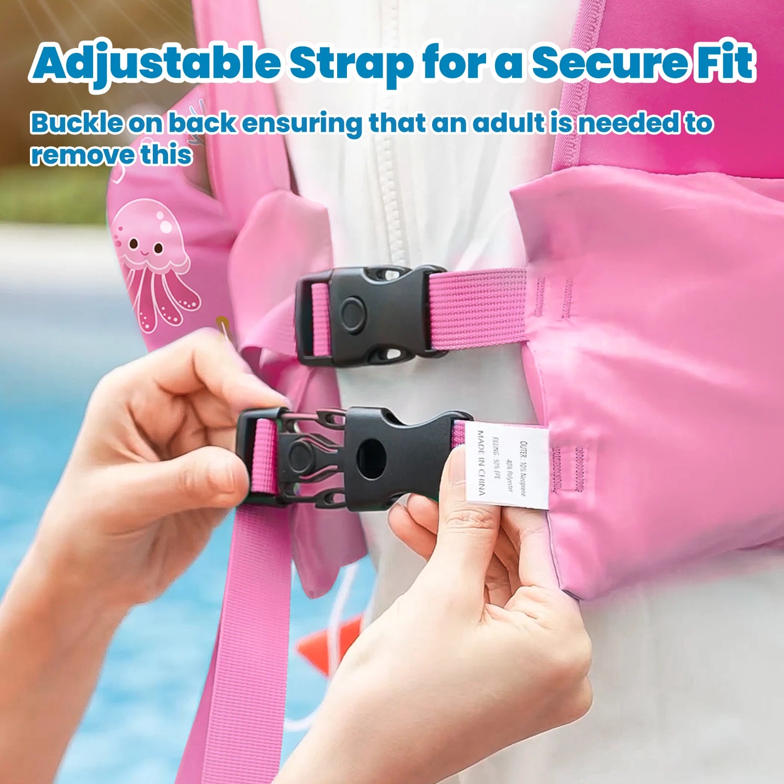Baby Bubble kids life vest with foam arm floats and safety whistle, designed for children's safety during water activities.