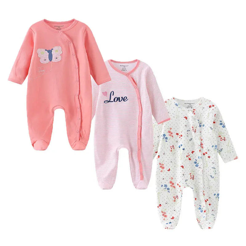 Three cozy Baby Bubble newborn cotton rompers in autumn colors, displayed together in a 3-pack.