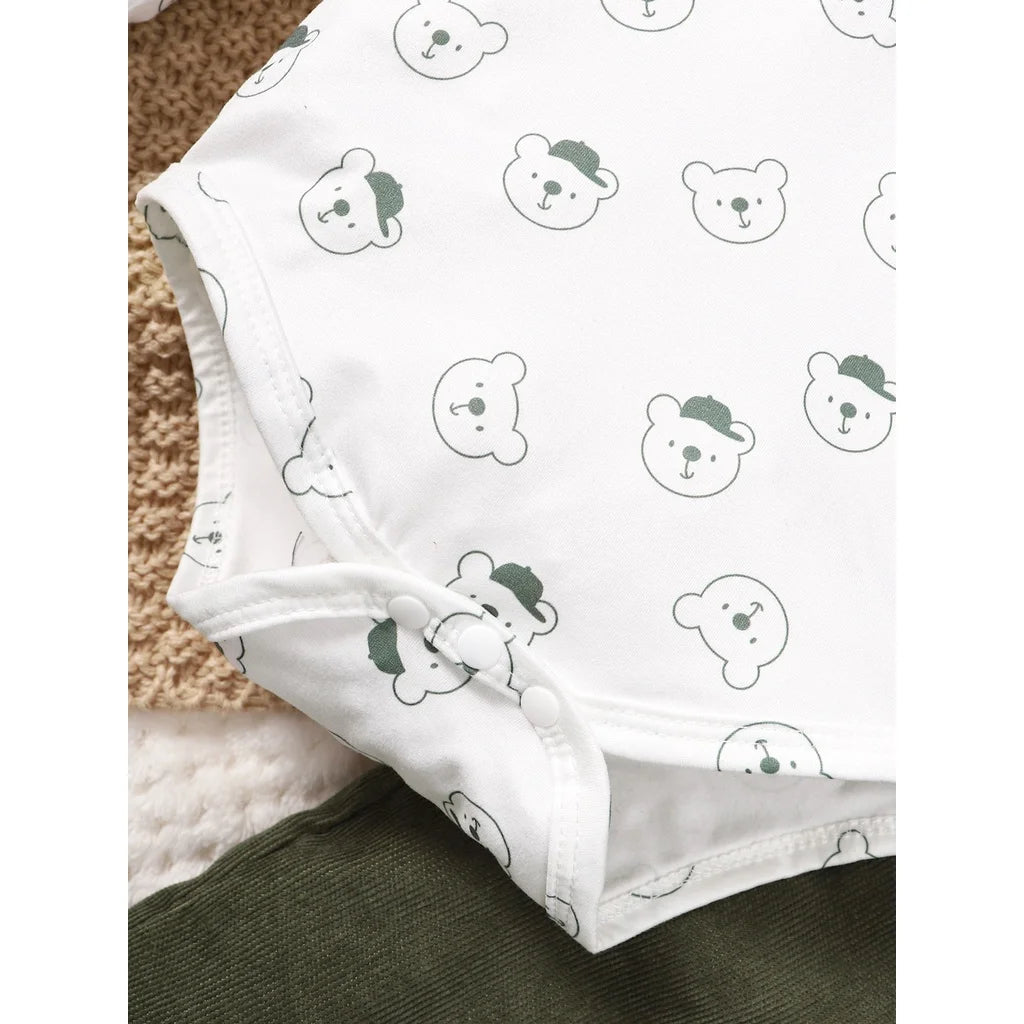 Baby Bubble bear print 2-piece bodysuit and overalls set with cozy fall comfort, featuring soft fabric and cute bear design.