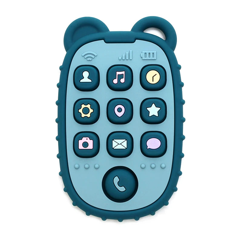 Baby Bubble baby phone shape teether made of colorful silicone, featuring fun chew and soothing textures for infants.
