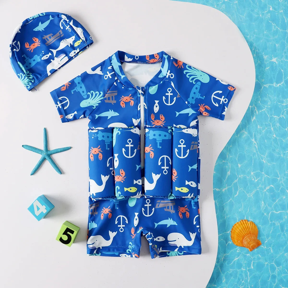 Kids buoyancy swimsuit by Baby Bubble featuring a colorful cartoon float design, suitable for safe swimming and water play.