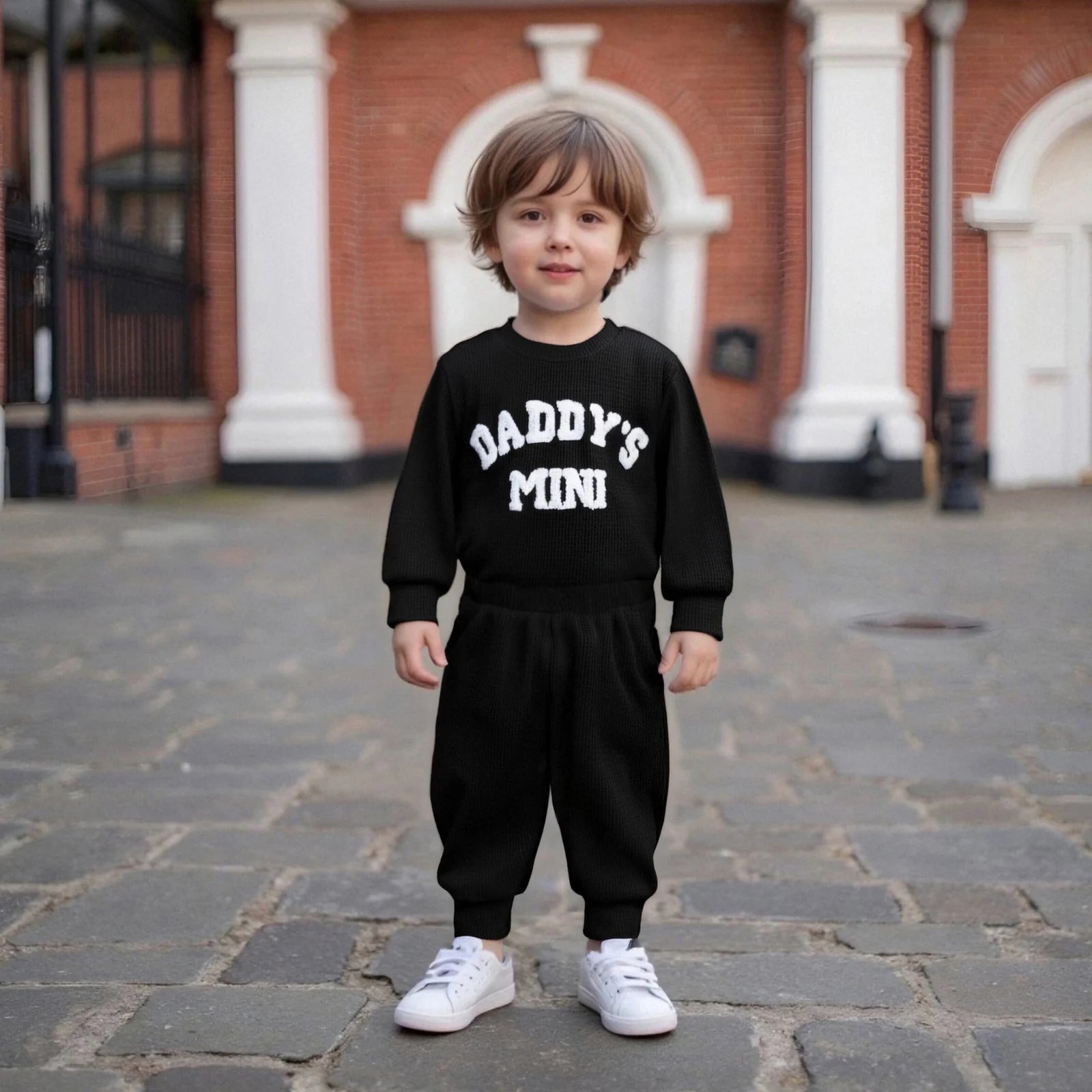 Baby Bubble Daddy's Mini Waffle Bodysuit and Jogger Pants set, embroidered, soft fall fashion for babies, comfortable and stylish.