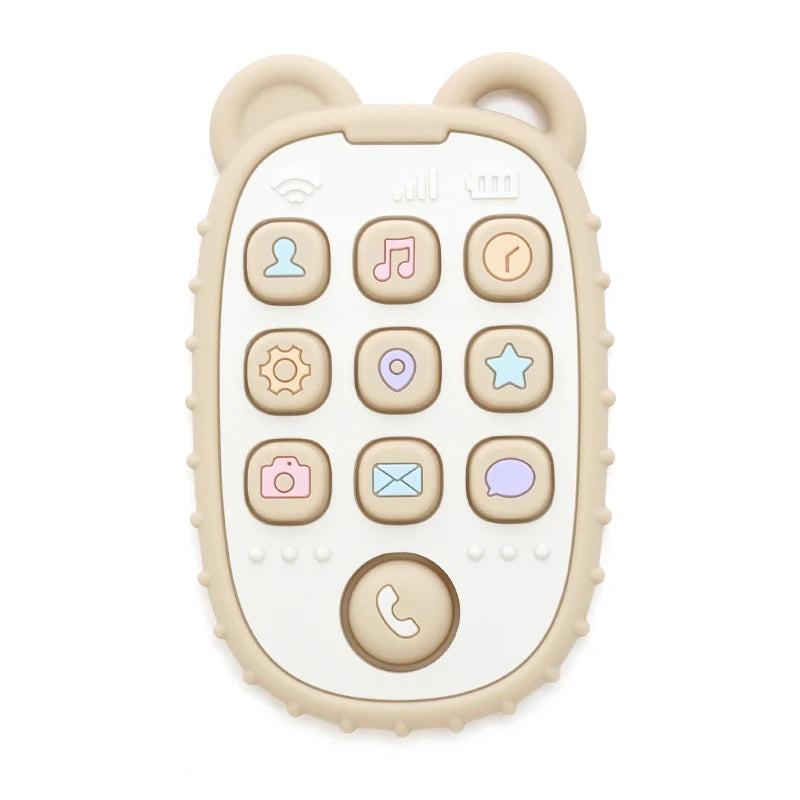 Baby Bubble baby phone shape teether made of soft silicone, featuring colorful buttons for soothing and chewing relief.