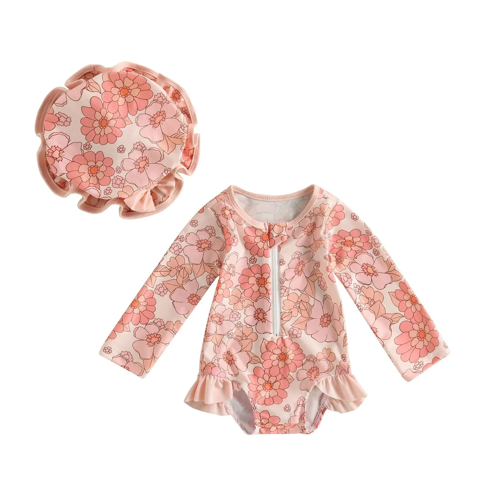 Baby girl wearing a floral flamingo print one-piece swimsuit by Baby Bubble, featuring bright colors and tropical design.
