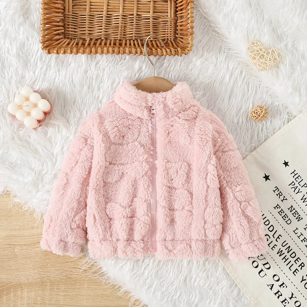 Baby Girl winter coat by Baby Bubble, warm and cozy pink coat with a hood, perfect for cold winter days.