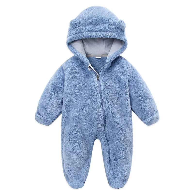 Baby Bubble baby hooded plush romper in soft, warm fabric, perfect for winter, featuring a cozy hood and adorable design.