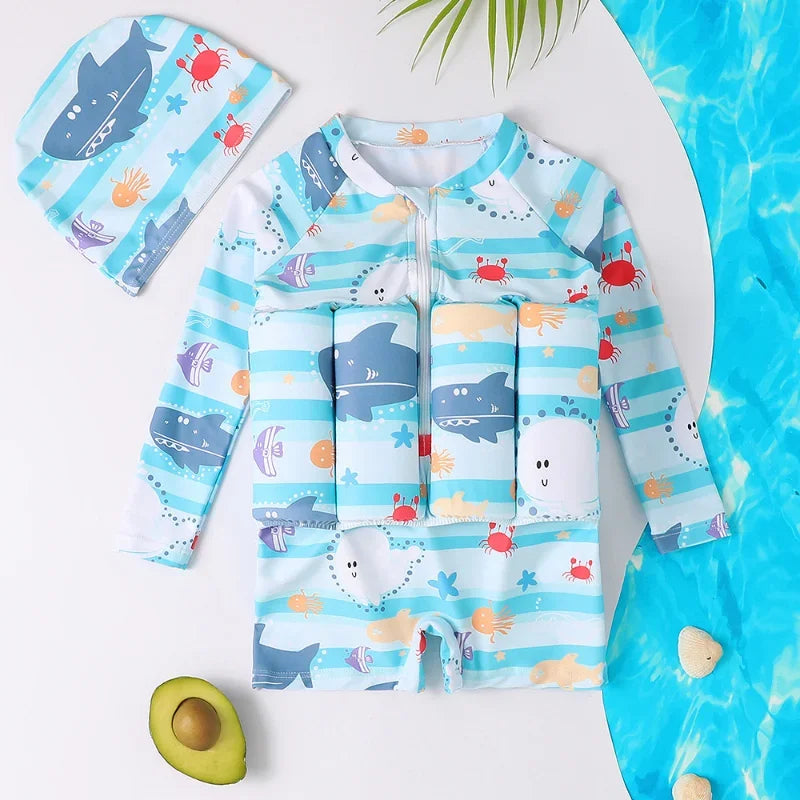 Kids buoyancy swimsuit by Baby Bubble featuring colorful cartoon float design, ideal for safe swimming and water play.