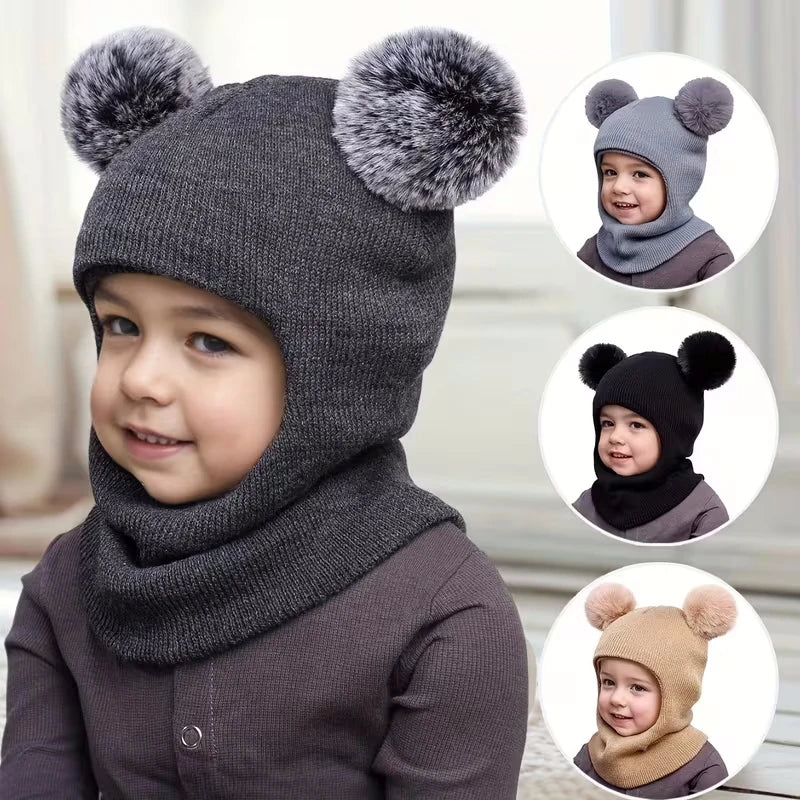 Baby Bubble winter children's hooded knitted cap, warm and cozy hat with a cute design for kids' cold-weather comfort.