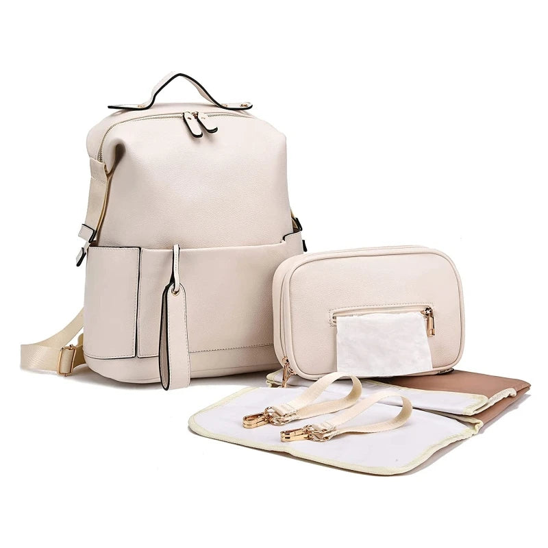 Large leather diaper bag backpack by Baby Bubble featuring multiple compartments and adjustable straps for parents.