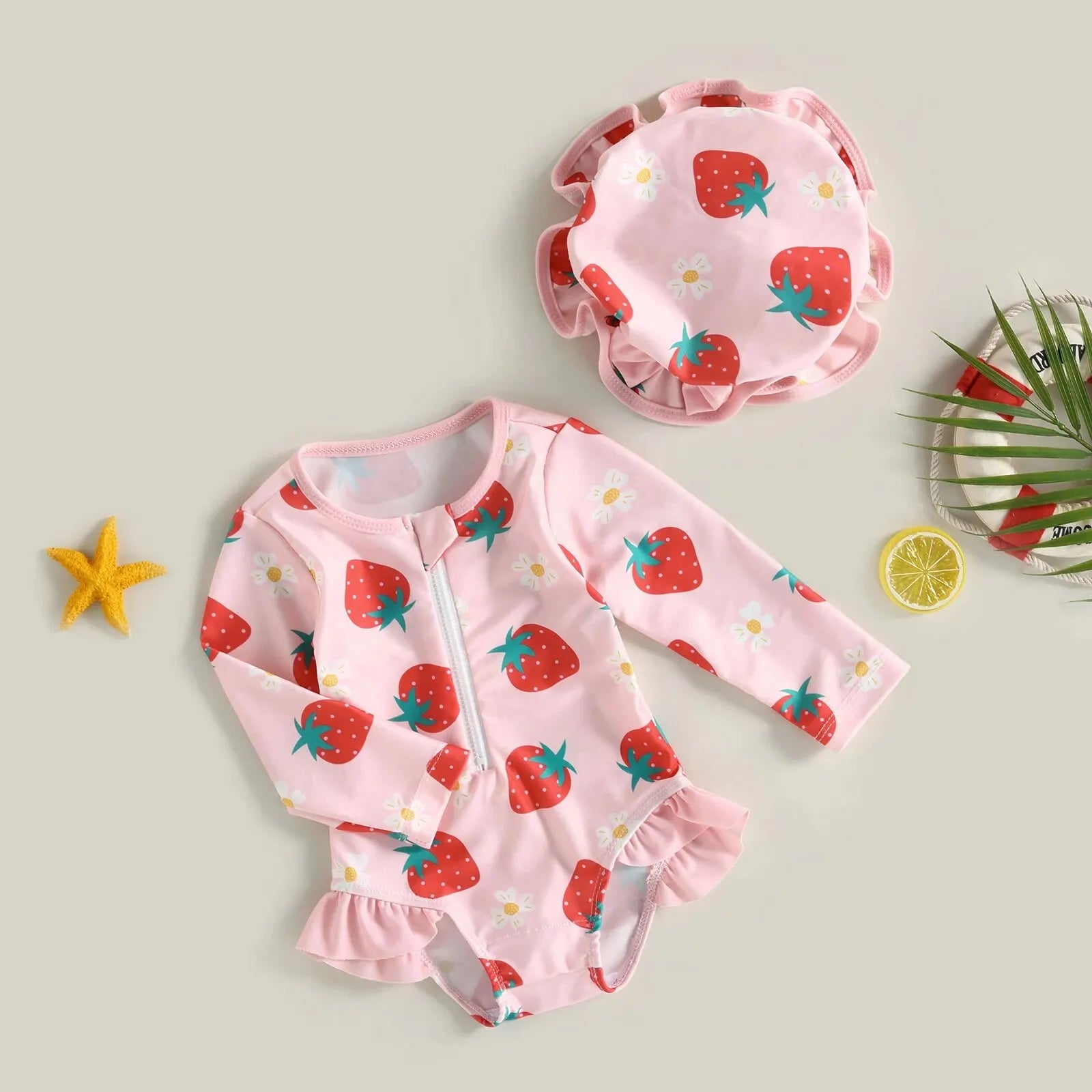Baby girl one-piece swimsuit with floral flamingo print from Baby Bubble, featuring bright, colorful tropical design and comfortable fit.