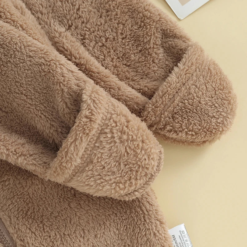 Baby Bubble baby hooded plush romper in soft, warm fabric, featuring a cozy hood and adorable design for winter comfort.