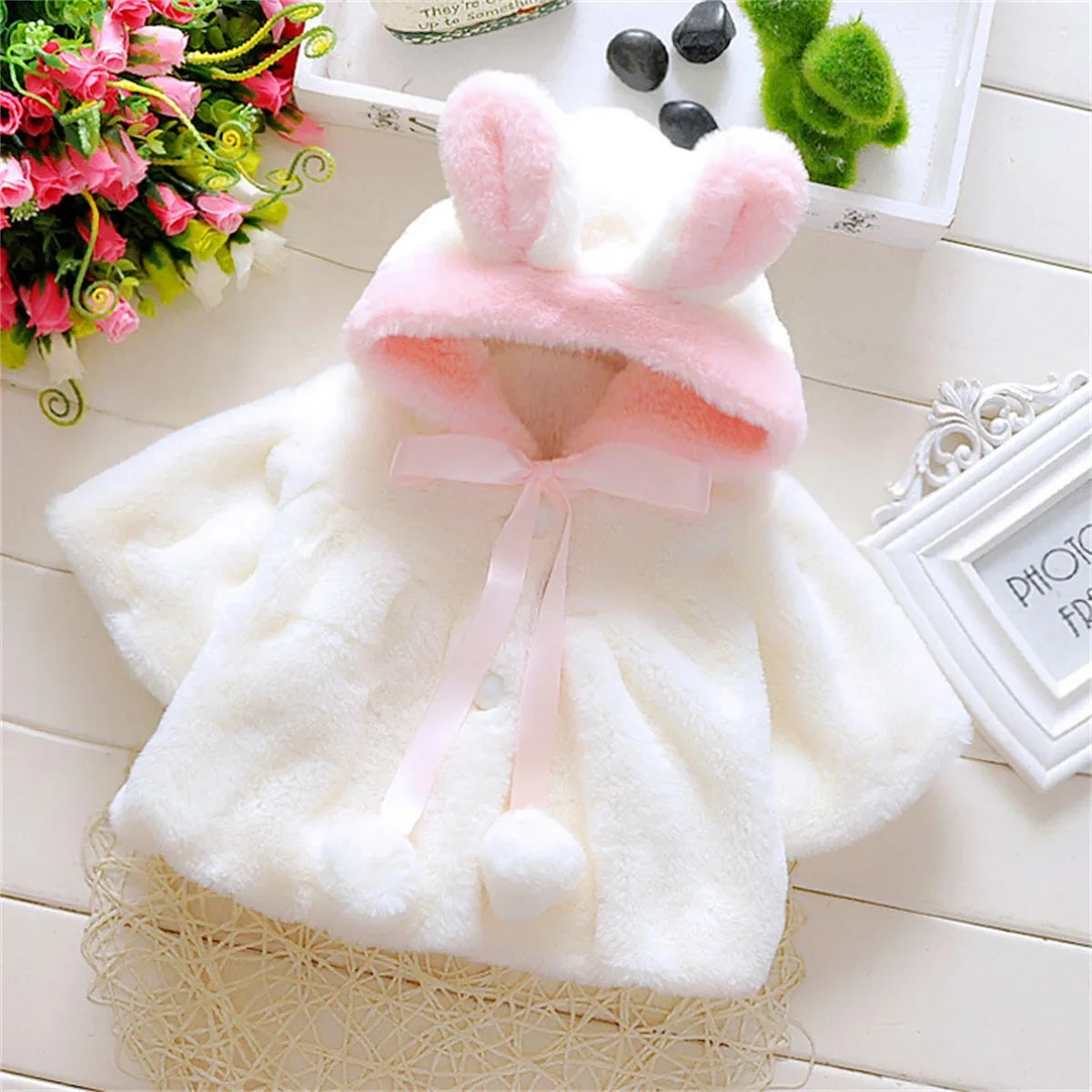 Children's wool cape with ear fleece jacket by Baby Bubble, soft, warm, and cozy for kids in winter or cold weather.