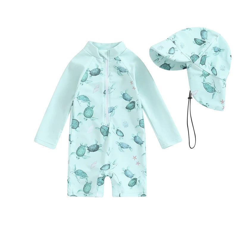 Baby boys rash guard set with turtle and dinosaur print by Baby Bubble, featuring colorful, lightweight sun protection for infants.