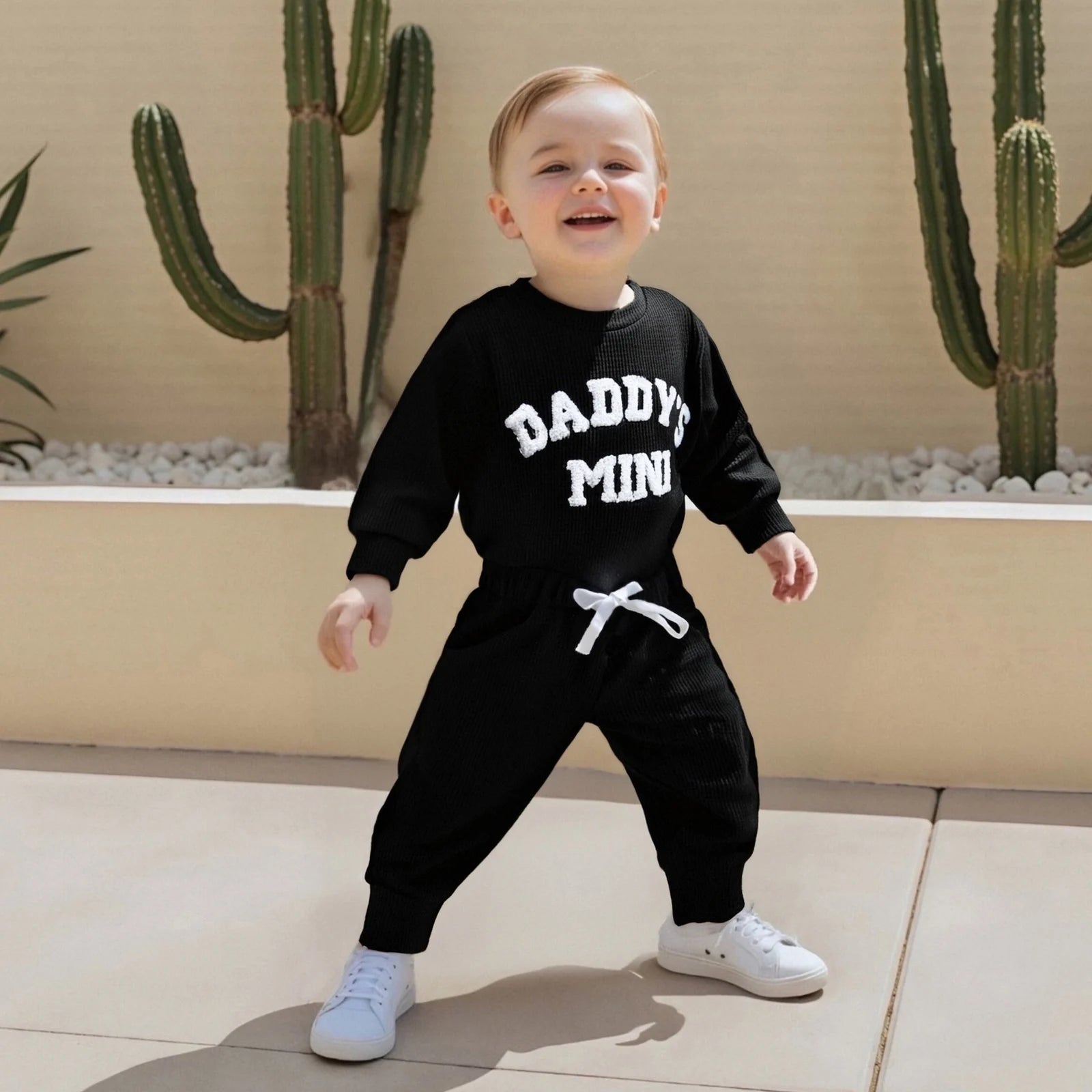 Baby Bubble Daddy's Mini Waffle Bodysuit and Jogger Pants set, embroidered fall-themed 2-piece baby clothing ensemble.