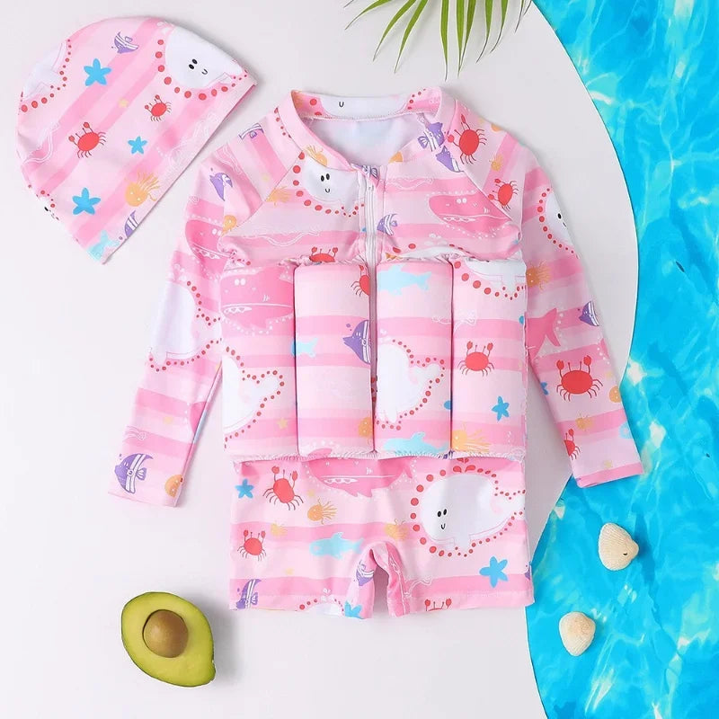 Kids buoyancy swimsuit by Baby Bubble featuring cartoon float design, designed for safe swimming and water play.