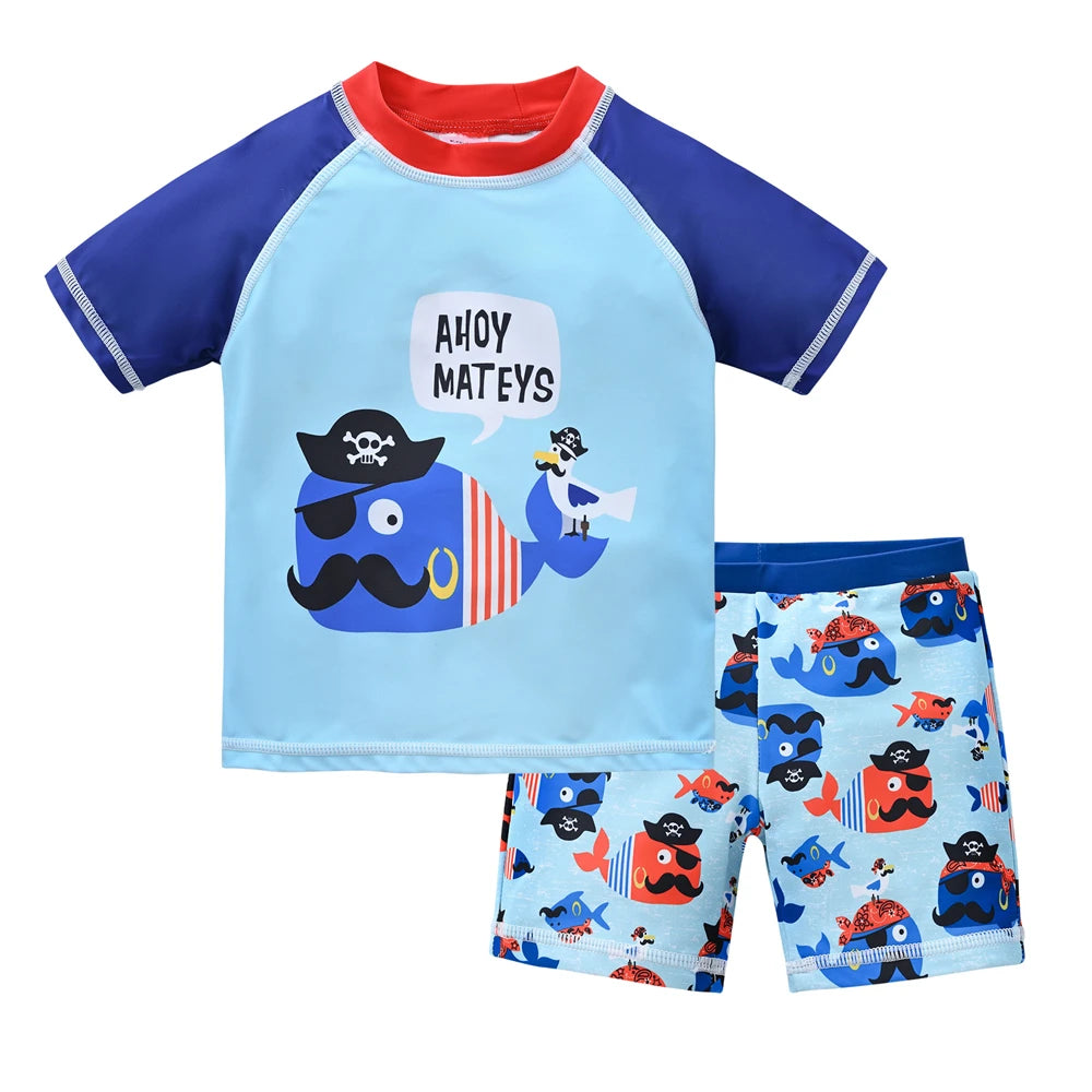 Boys 2-piece swimsuit set with cool print for ages 1-7, featuring colorful swim trunks and matching rash guard, by Baby Bubble.