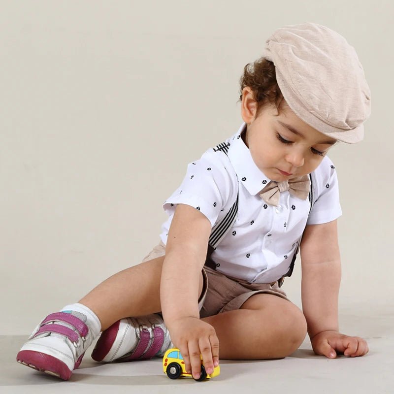 Newborn Boys Gentleman Clothes Outfit Suit Set Baby Tie Bow Hat + Sailboat Printed Romper + Shorts Suspender Infant Kid Clothing - Baby Bubble Store