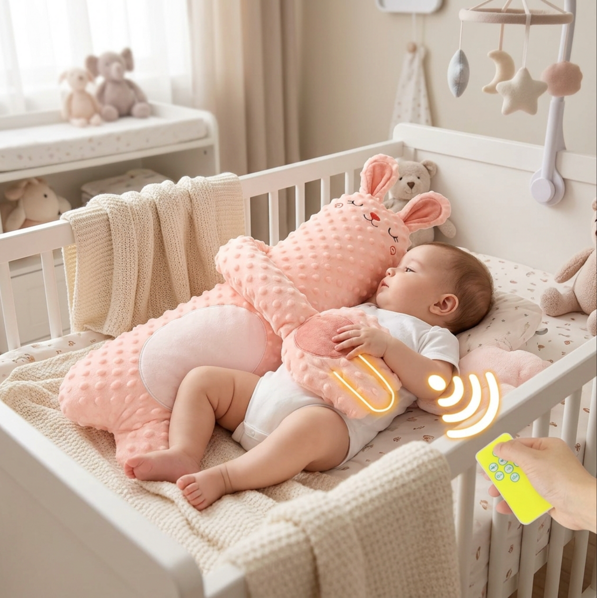 Baby patting pillow with remote control, soft fabric, and adjustable settings for soothing sleep.